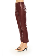 Side view burgundy vegan leather trouser pant, ankle length, flat front.
