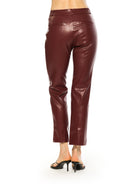 Back view burgundy vegan leather trouser pant, ankle length, flat front, back welt pockets.