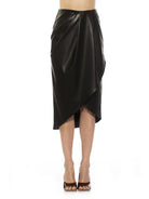 Front view black midi skirt mock wrap front, soft drape.