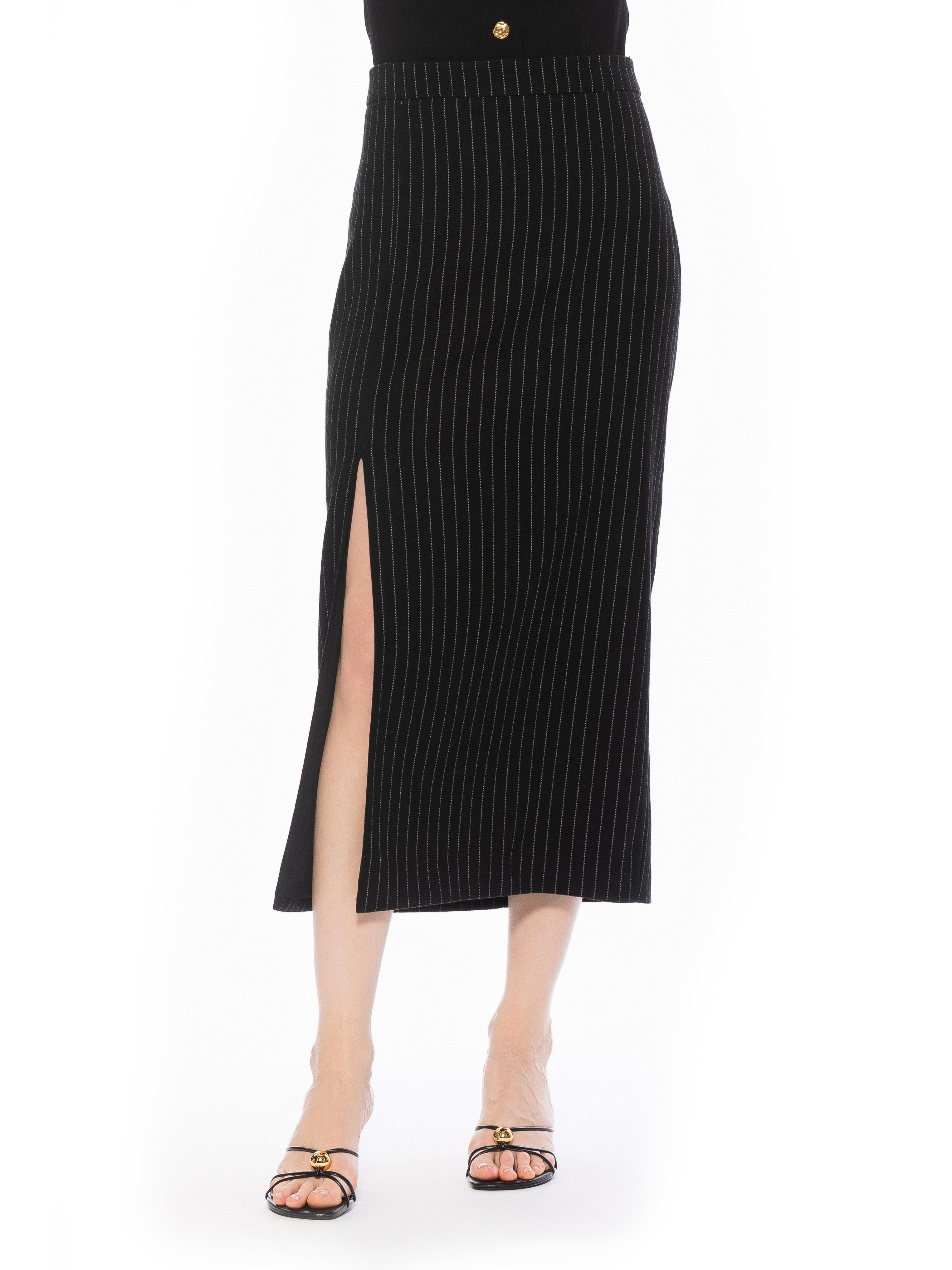Front view black pinstripe midi straight skirt with front side slit, flat front waistline.
