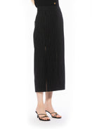 Side view black pinstripe midi straight skirt with front side slit, flat front waistline.