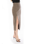 Side view herringbone tweed midi straight skirt with front side slit, flat front waistline.