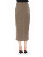 Back view herringbone tweed midi straight skirt with back zip.