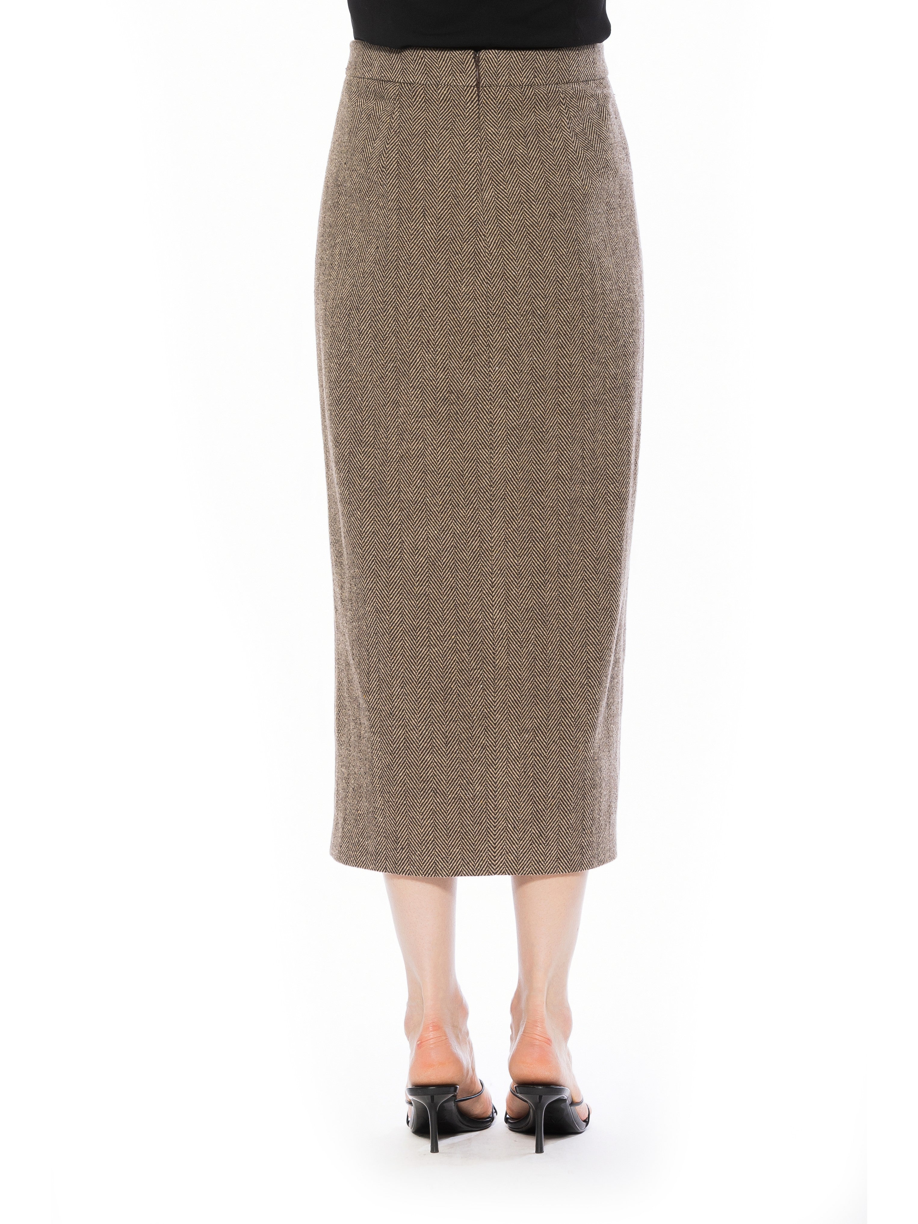Back view herringbone tweed midi straight skirt with back zip.