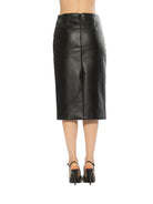 Back view black pencil skirt midi length back zipper.