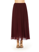 Front view burgundy max skirt elastic waist.