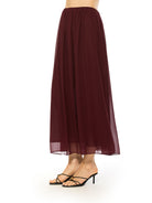Side view burgundy max skirt elastic waist.