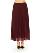 Back view burgundy max skirt elastic waist.