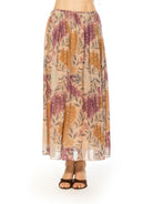 Front view paisley print max skirt elastic waist.