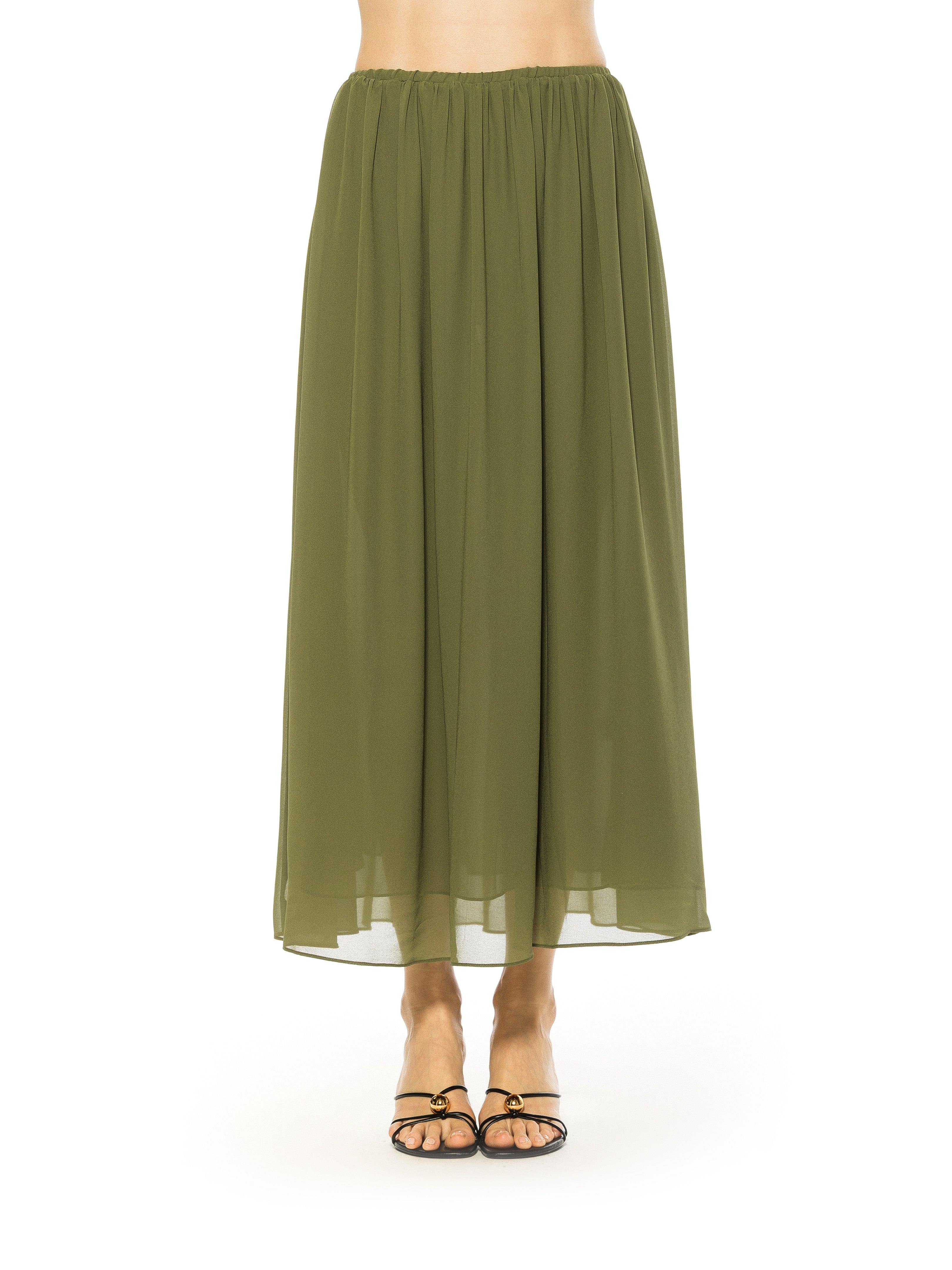 Front view green max skirt elastic waist.