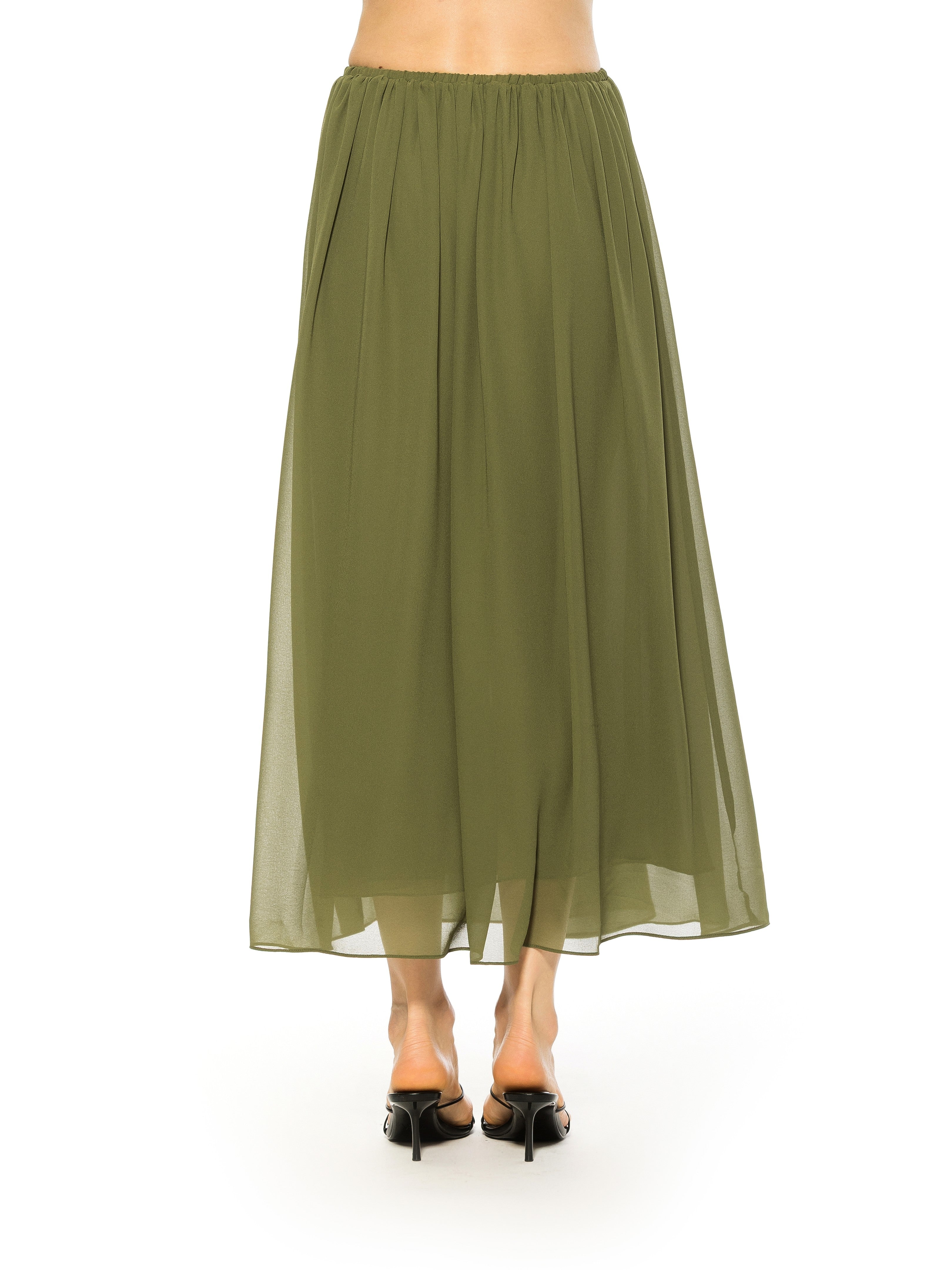 Back view green max skirt elastic waist.