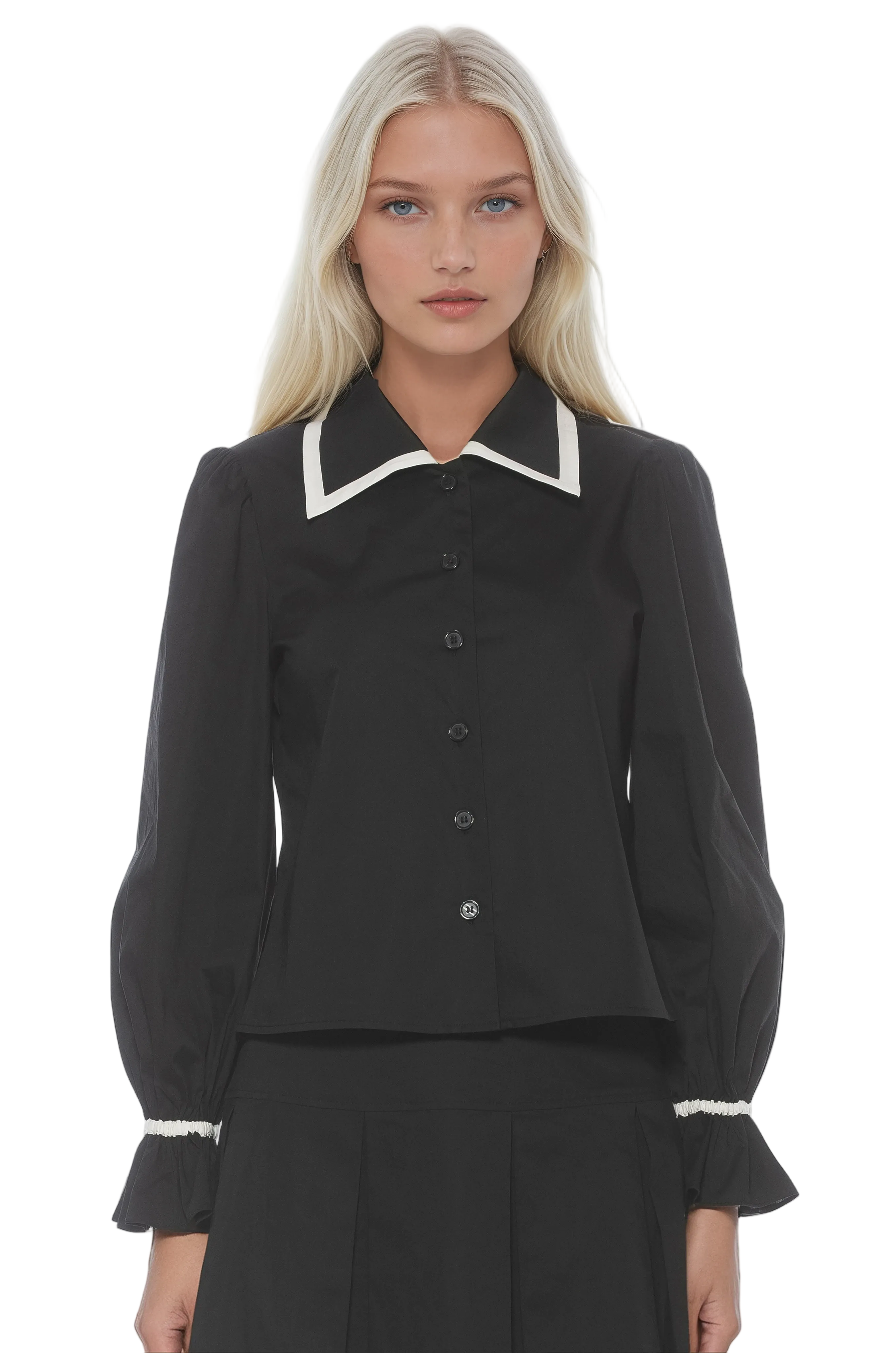 Front view black button front blouse with white contrast detail on collar and cuffs and blouson sleeves.