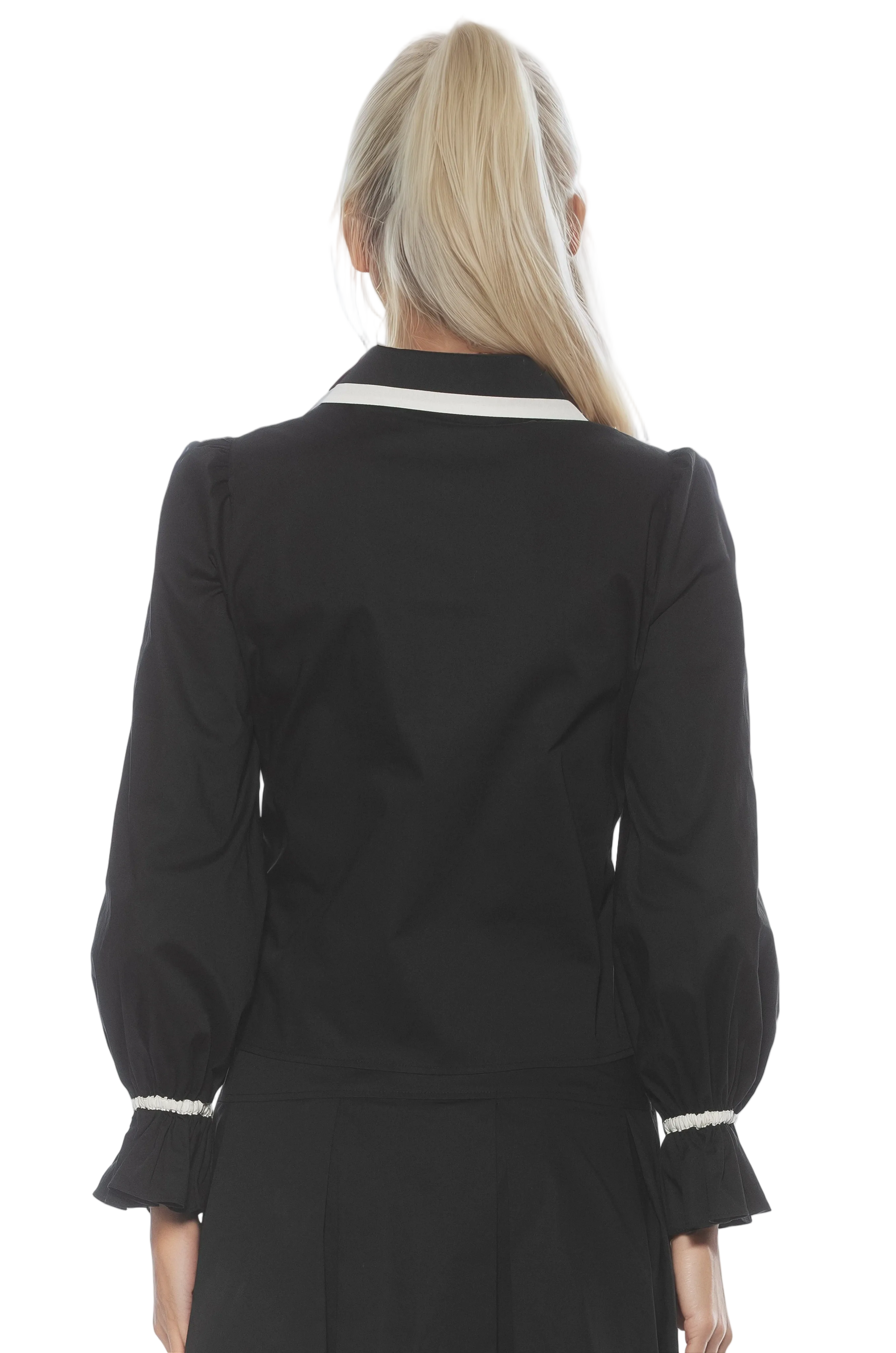Back view black blouse with white contrast detail on collar and cuffs and blouson sleeves.