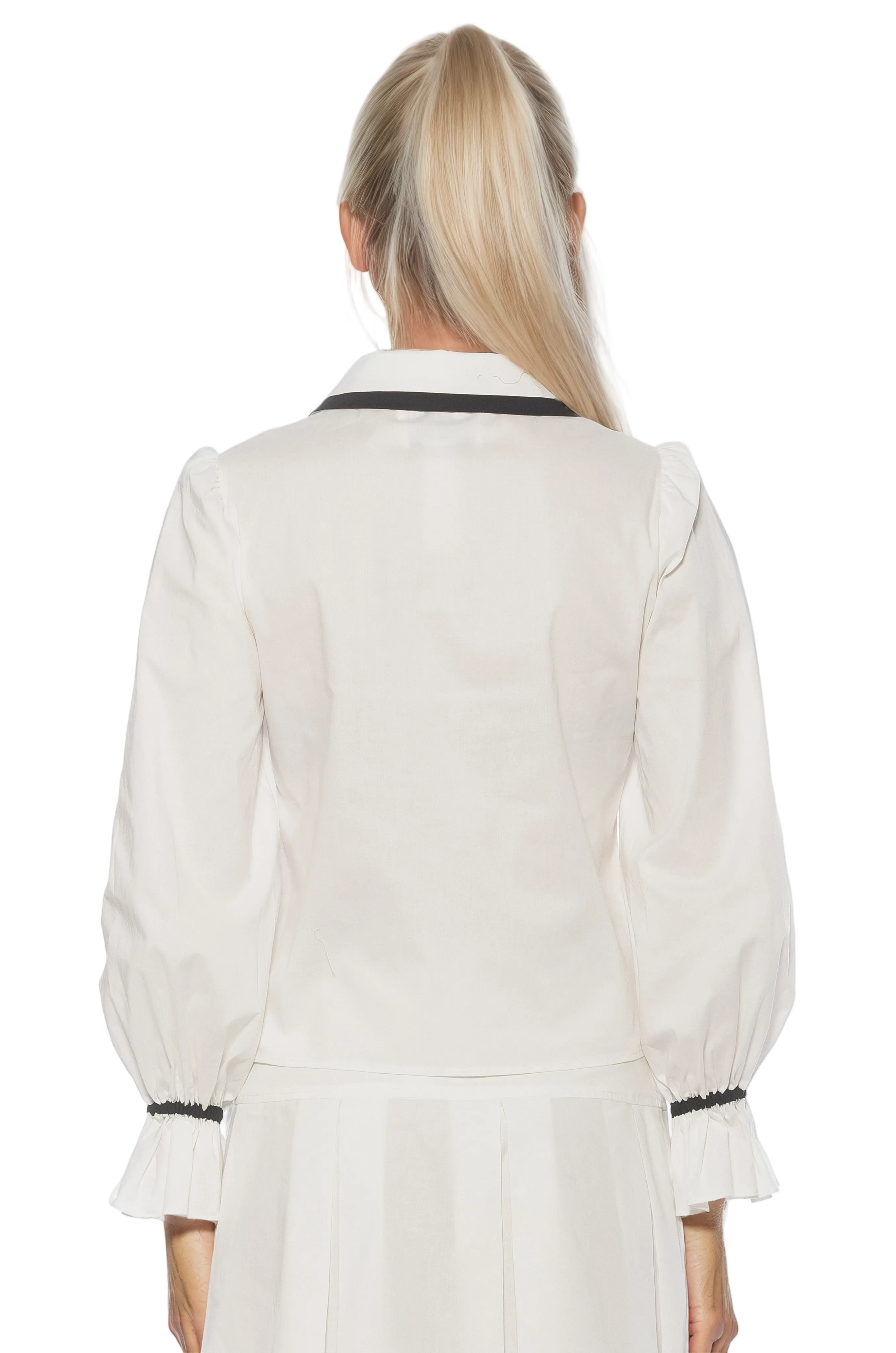 Back view ivory button front blouse with black contrast detail on collar and cuffs and blouson sleeves.