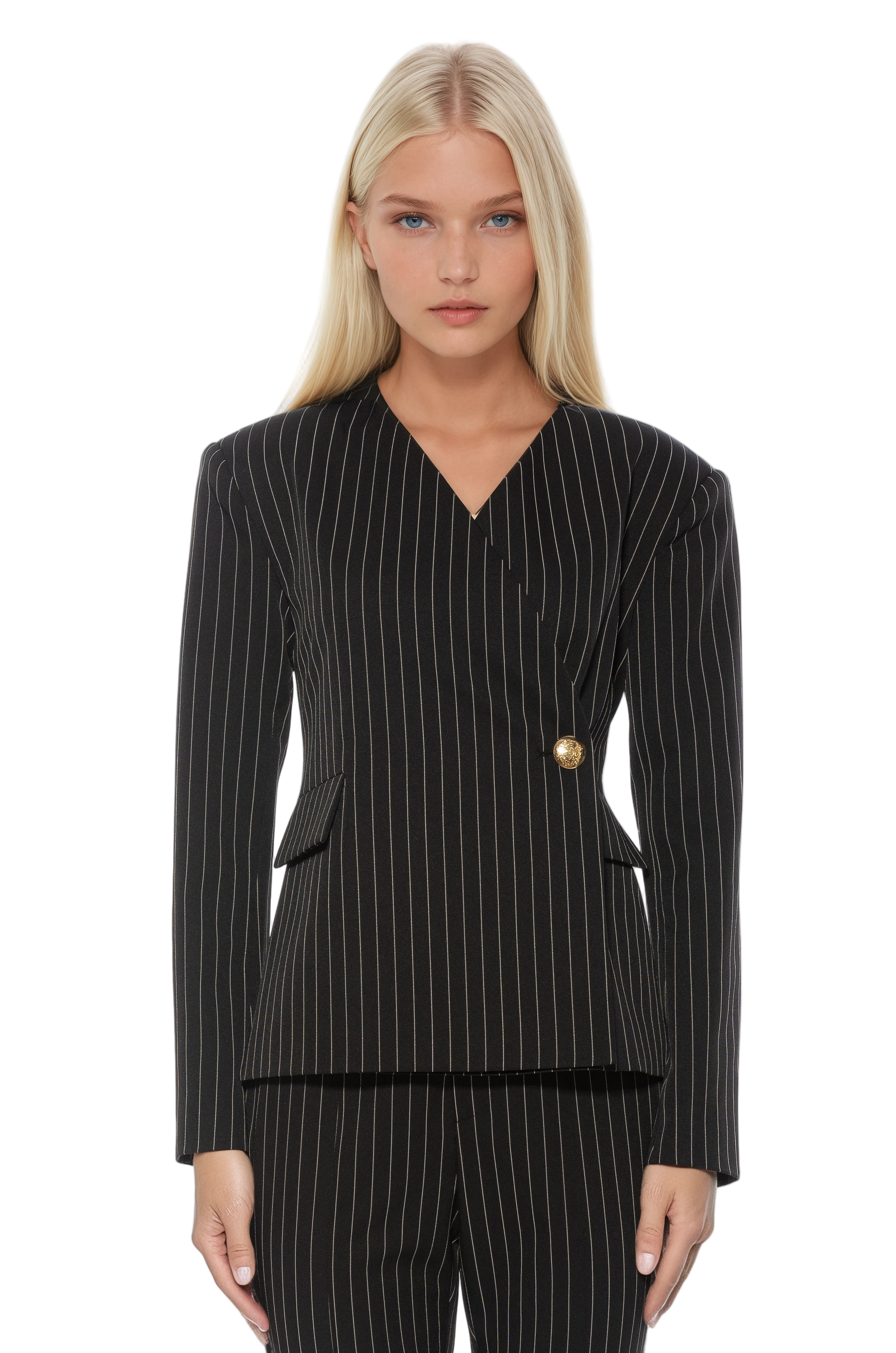 Front view black pinstripe structured blazer, collarless, single button wrap front, flap pockets.