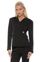 Front view black pinstripe structured blazer, collarless, single button wrap front, flap pockets.