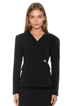 Front view black structured blazer, collarless, single button wrap front, flap pockets.