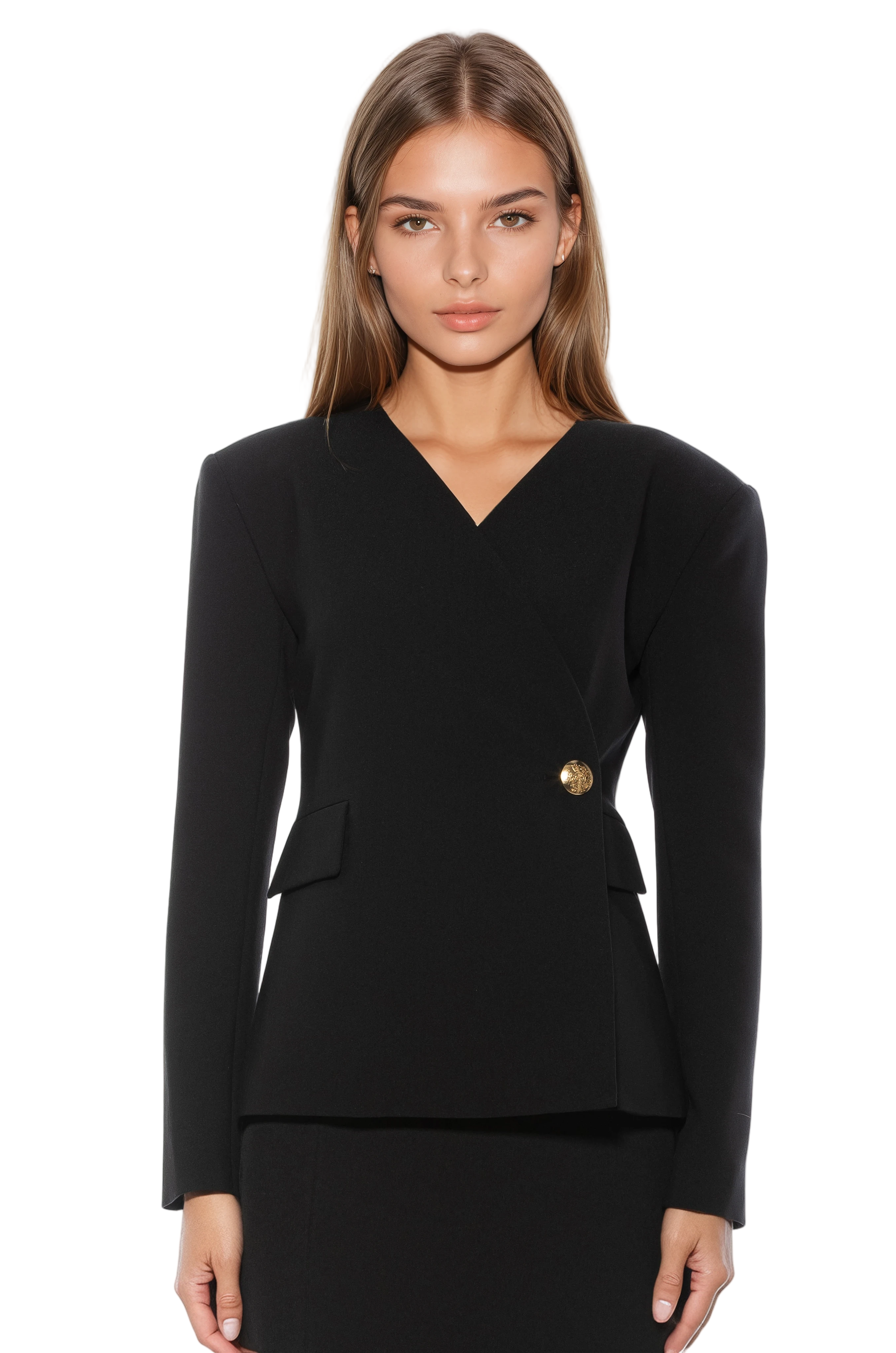 Front view black structured blazer, collarless, single button wrap front, flap pockets.