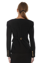 Front view black structured blazer, collarless, adjustable back slider, gold button cuffs.