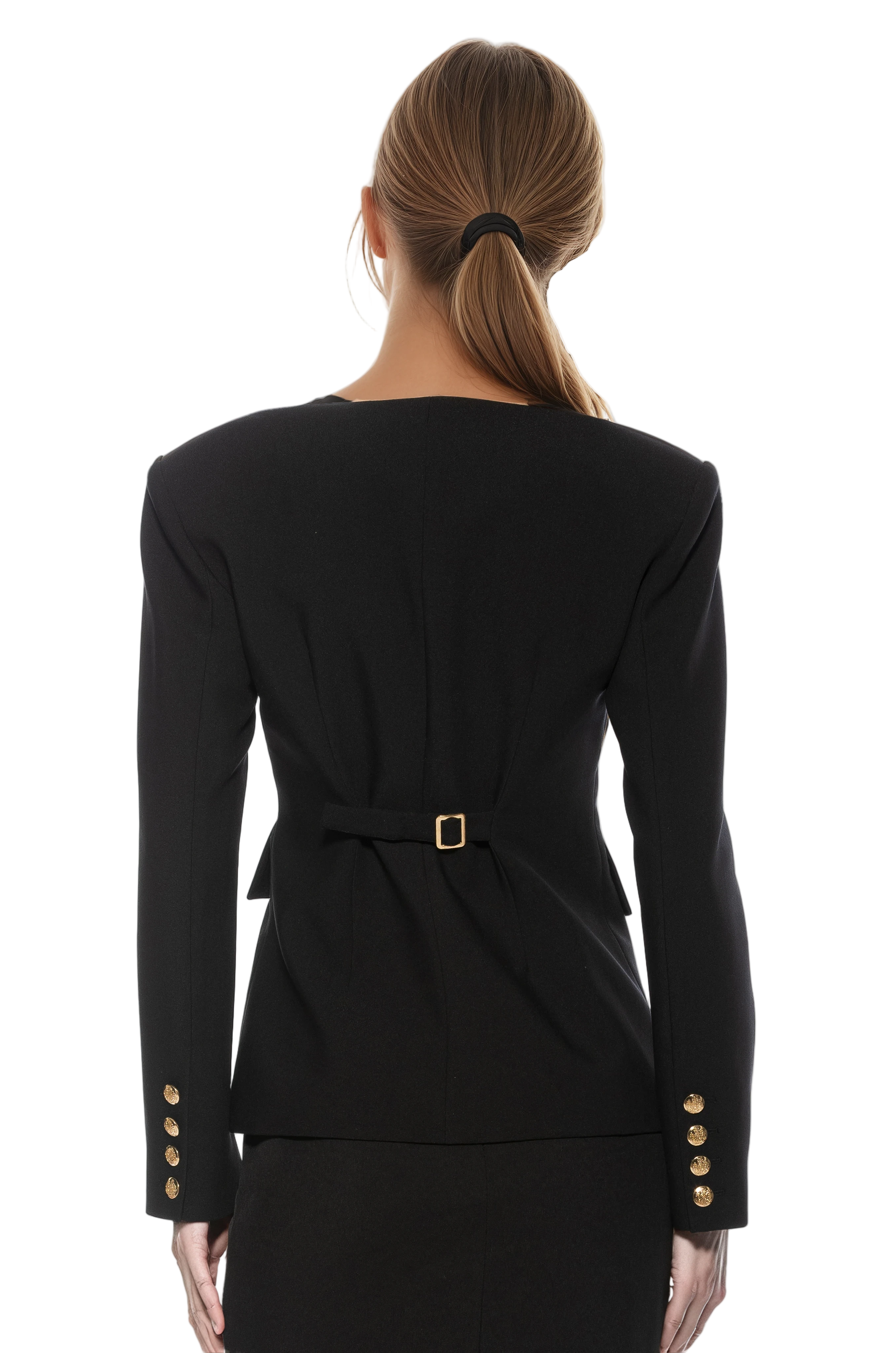 Front view black structured blazer, collarless, adjustable back slider, gold button cuffs.
