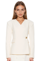 Front view ivory structured blazer, collarless, single button wrap front, flap pockets.