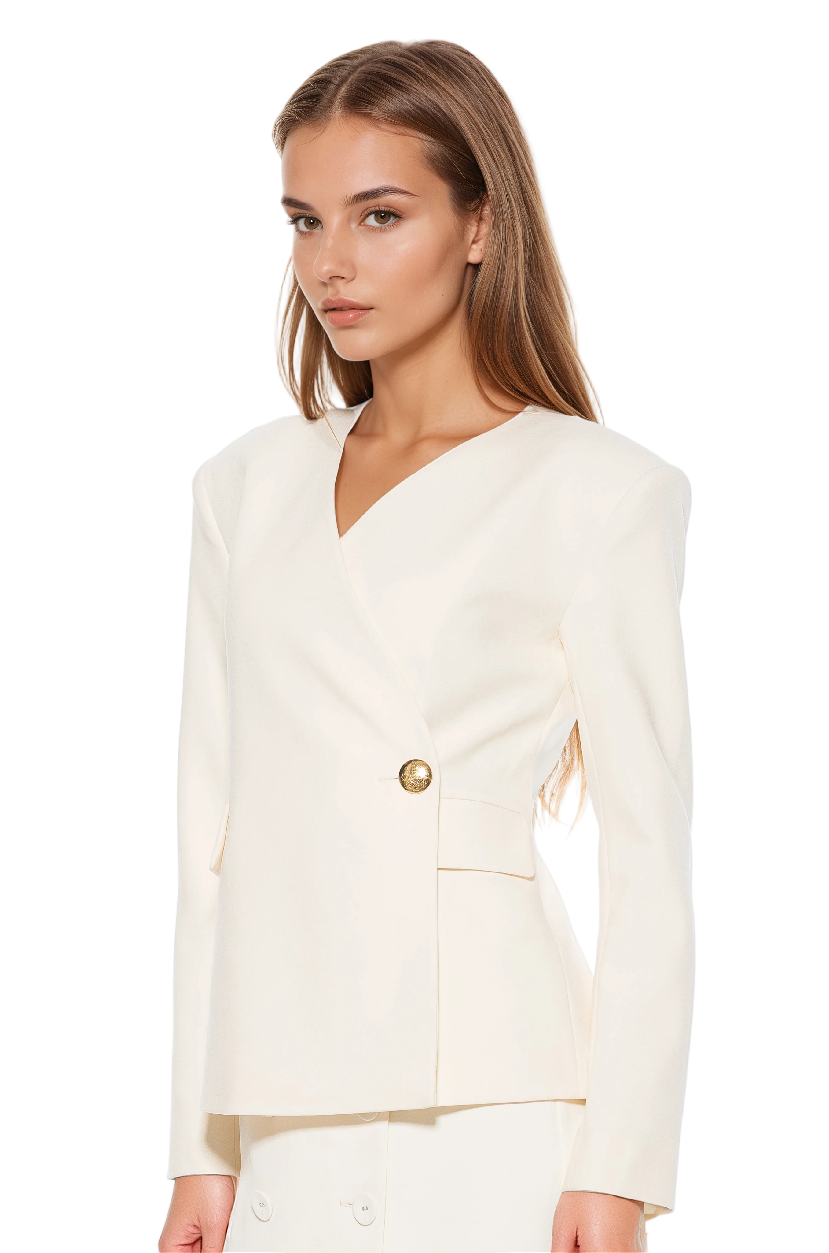 Side view ivory structured blazer, collarless, single button wrap front, flap pockets.