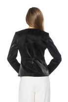 back view black structured crop blazer, collarless, adjustable back slider
