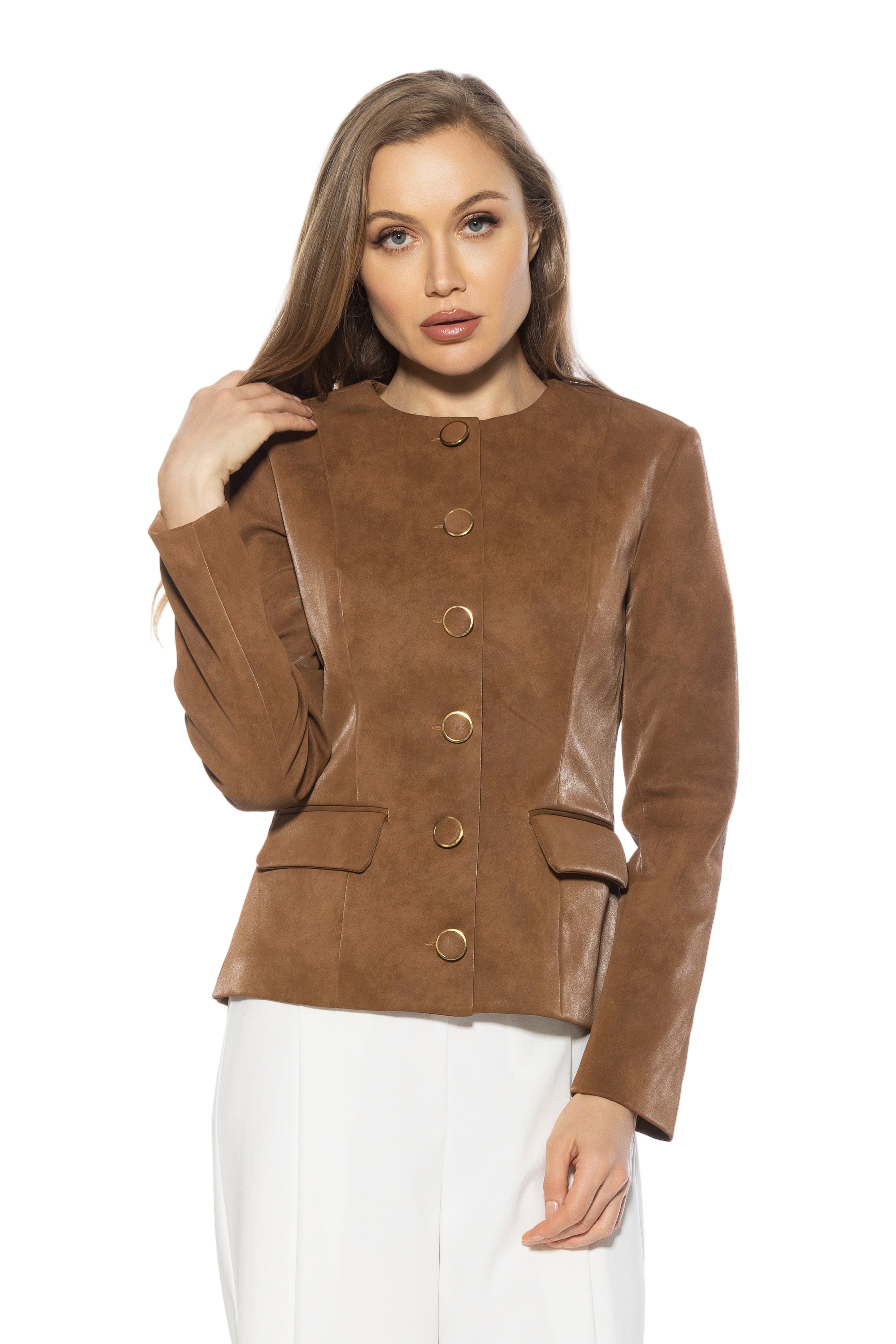 Brown structured crop blazer, collarless, gold rimmed buttons front flap pockets.