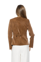 Back view brown structured crop blazer, collarless, adjustable back slider.
