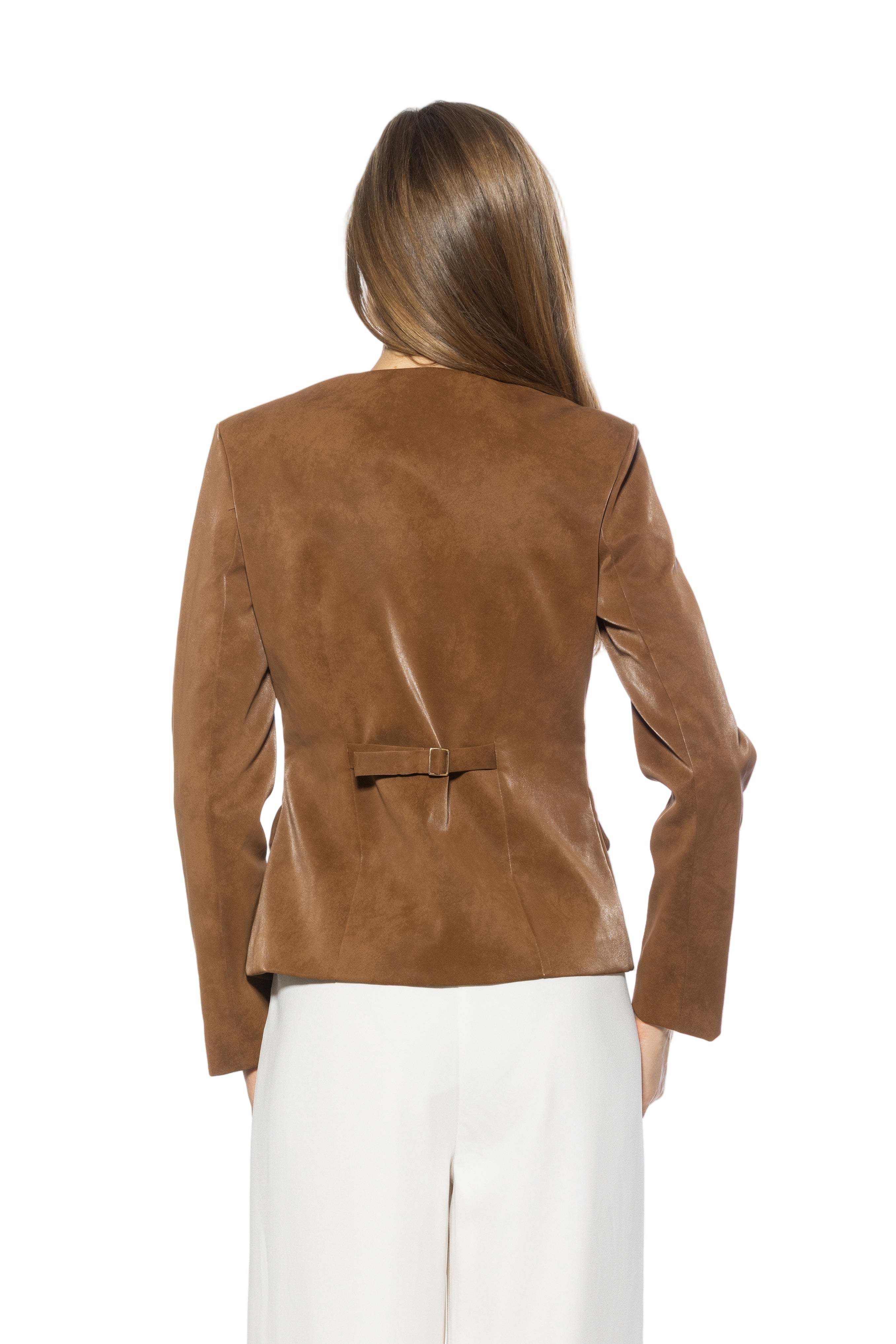 Back view brown structured crop blazer, collarless, adjustable back slider.