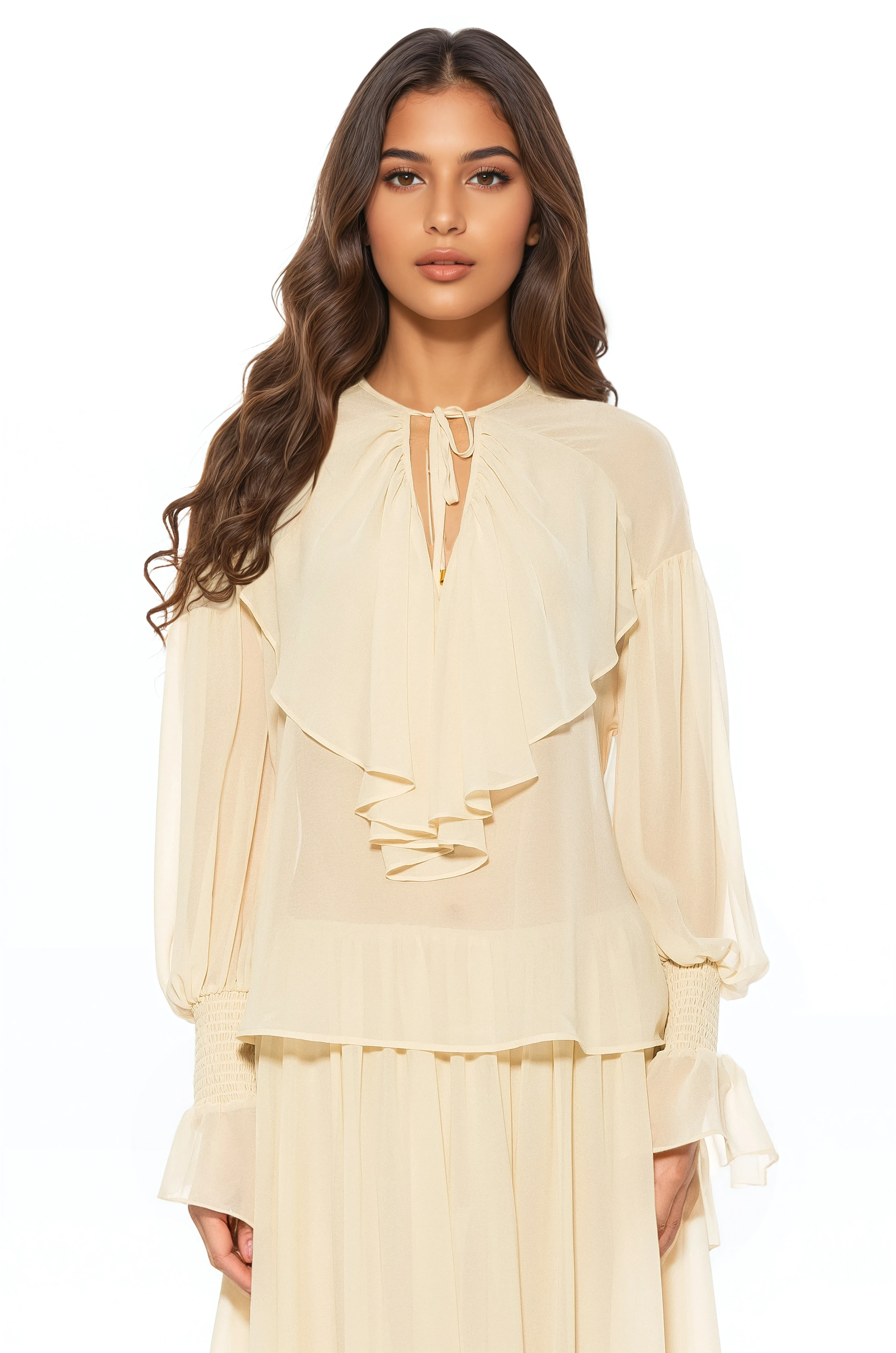 Front view ivory ruffle blouse, v-neck front neck tie, blouson sleeve with smocked ruffle cuff.