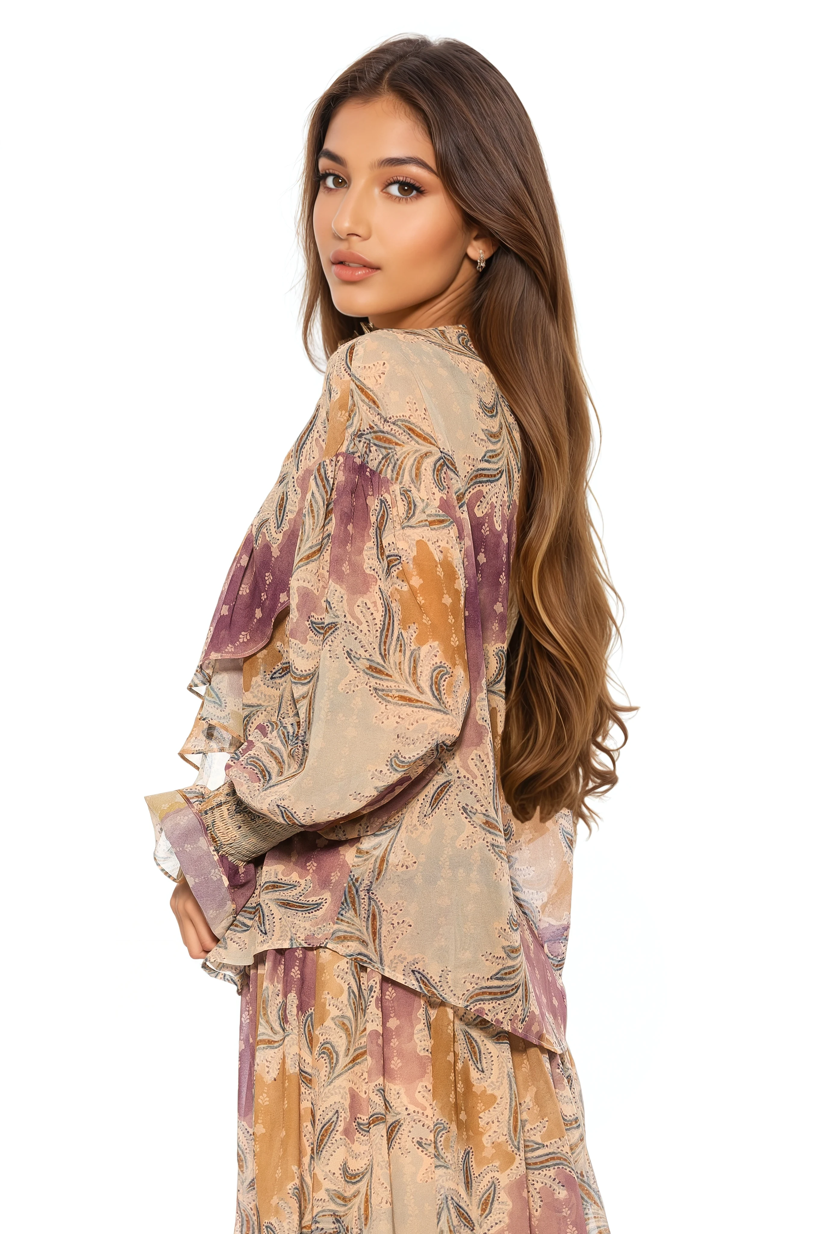 Side view paisley print ruffle blouse, shirt tail hem, blouson sleeve with smocked ruffle cuff.