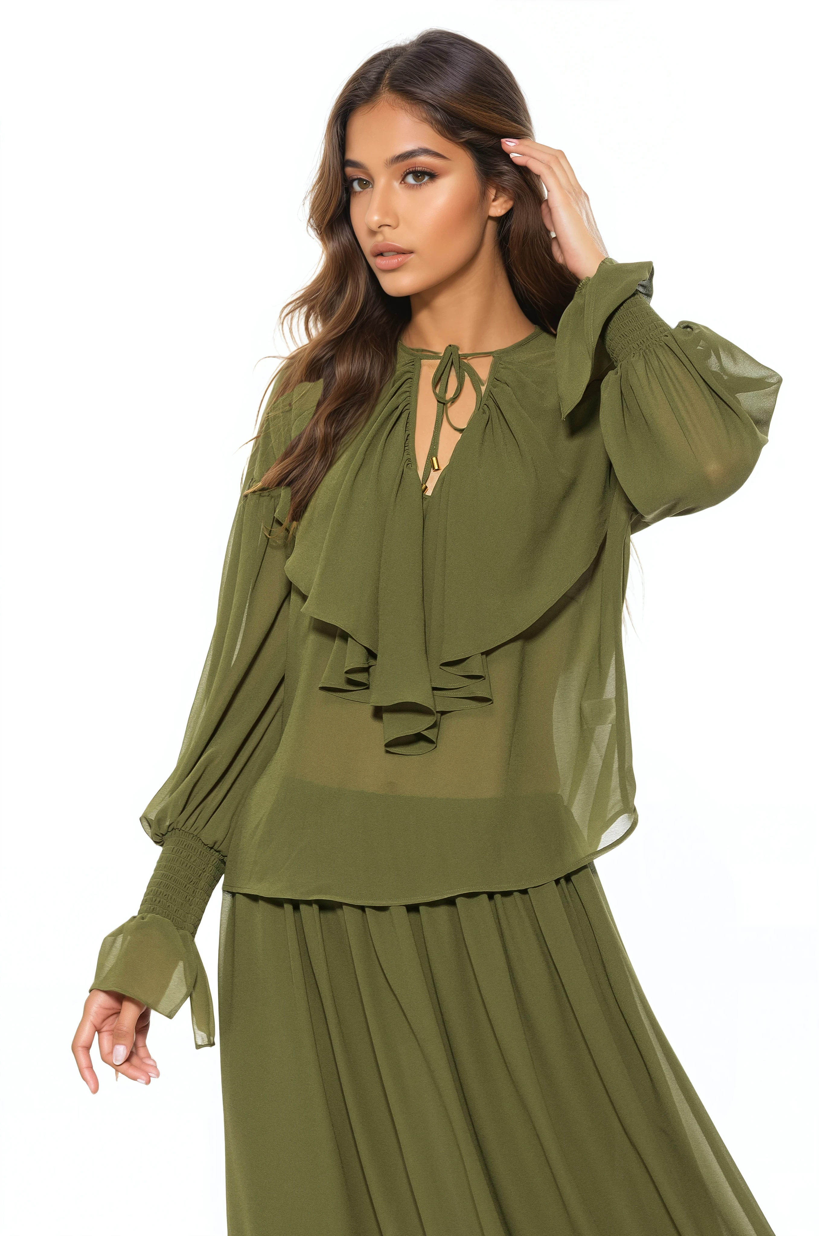 Front view green ruffle blouse, v-neck front neck tie, blouson sleeve with smocked ruffle cuff.