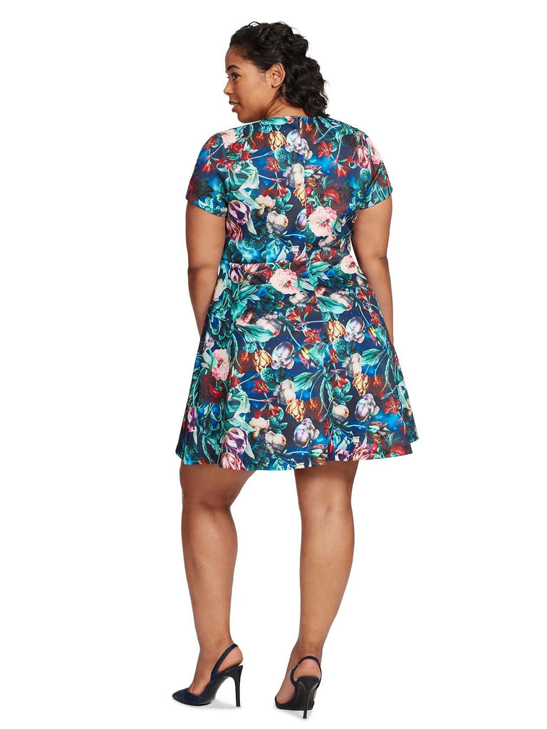 Luciana V-Neck Floral Print Fit And Flare Dress - Plus - ALEXIA ADMOR