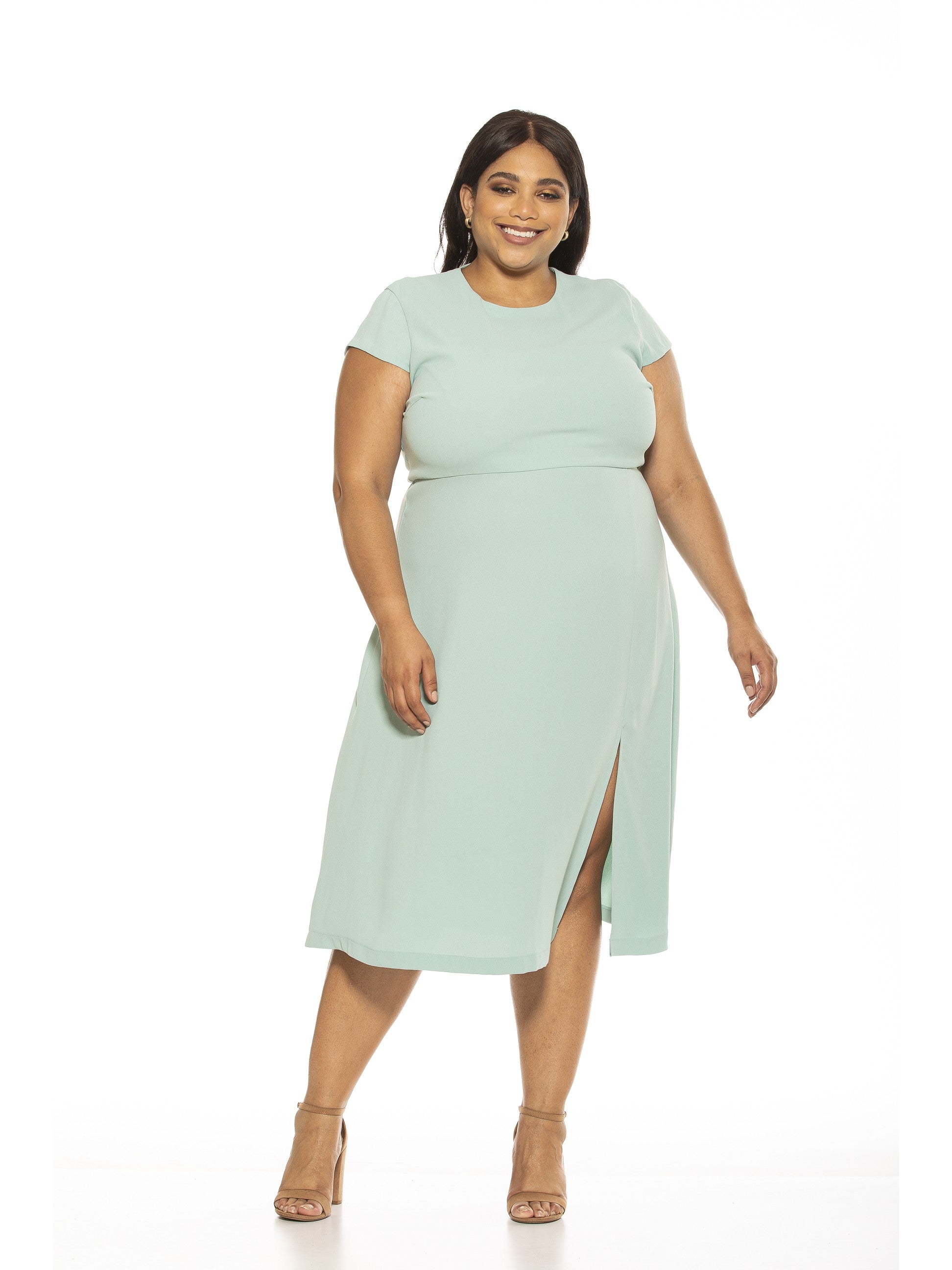 LILY CREWNECK MIDI DRESS W/ SLIT - Plus Size - ALEXIA ADMOR