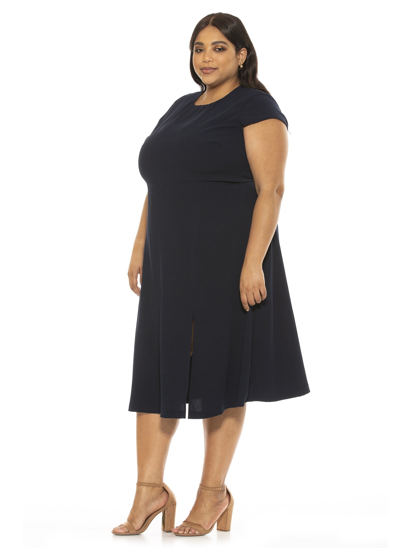 LILY CREWNECK MIDI DRESS W/ SLIT - Plus Size - ALEXIA ADMOR