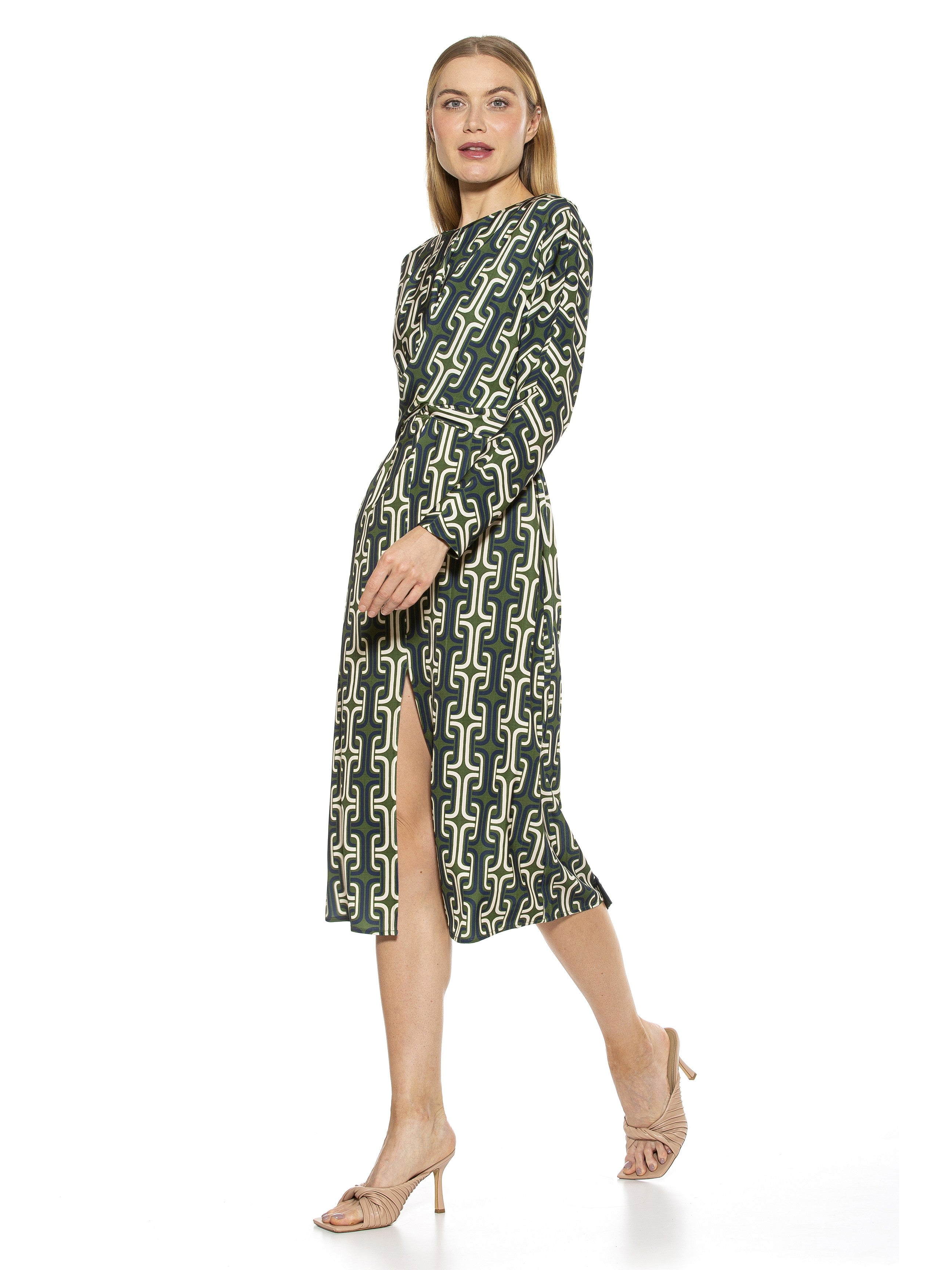 CARIE CREWNECK DRAPED MIDI DRESS WITH FRONT SLIT - ALEXIA ADMOR