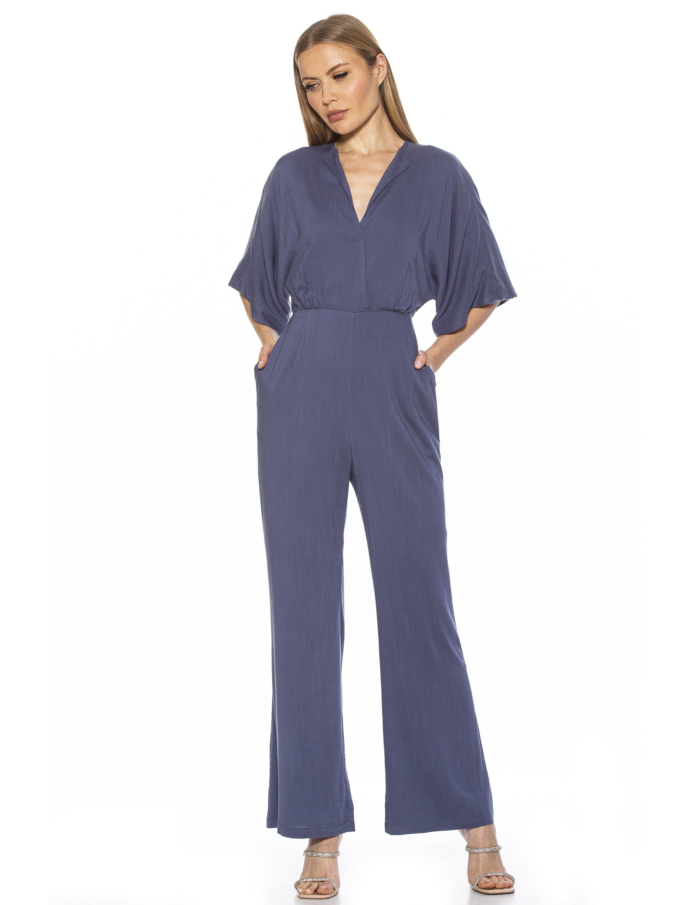 Elegant Plain V neck Wide Leg Long Sleeve Navy Blue Womens Jumpsuits  (Women's Jumpsuit) - Walmart.com
