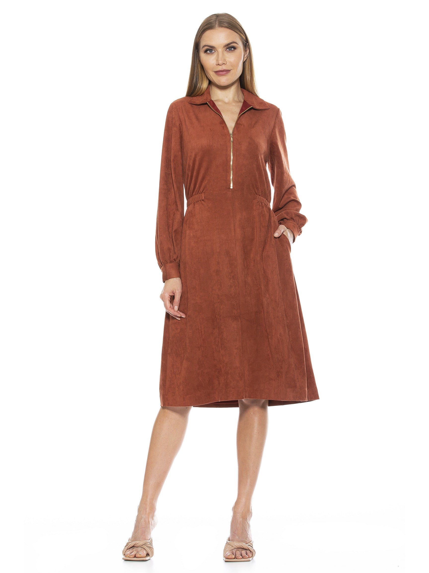 HAILEY COLLAR FIT AND FLARE SUEDE DRESS - ALEXIA ADMOR