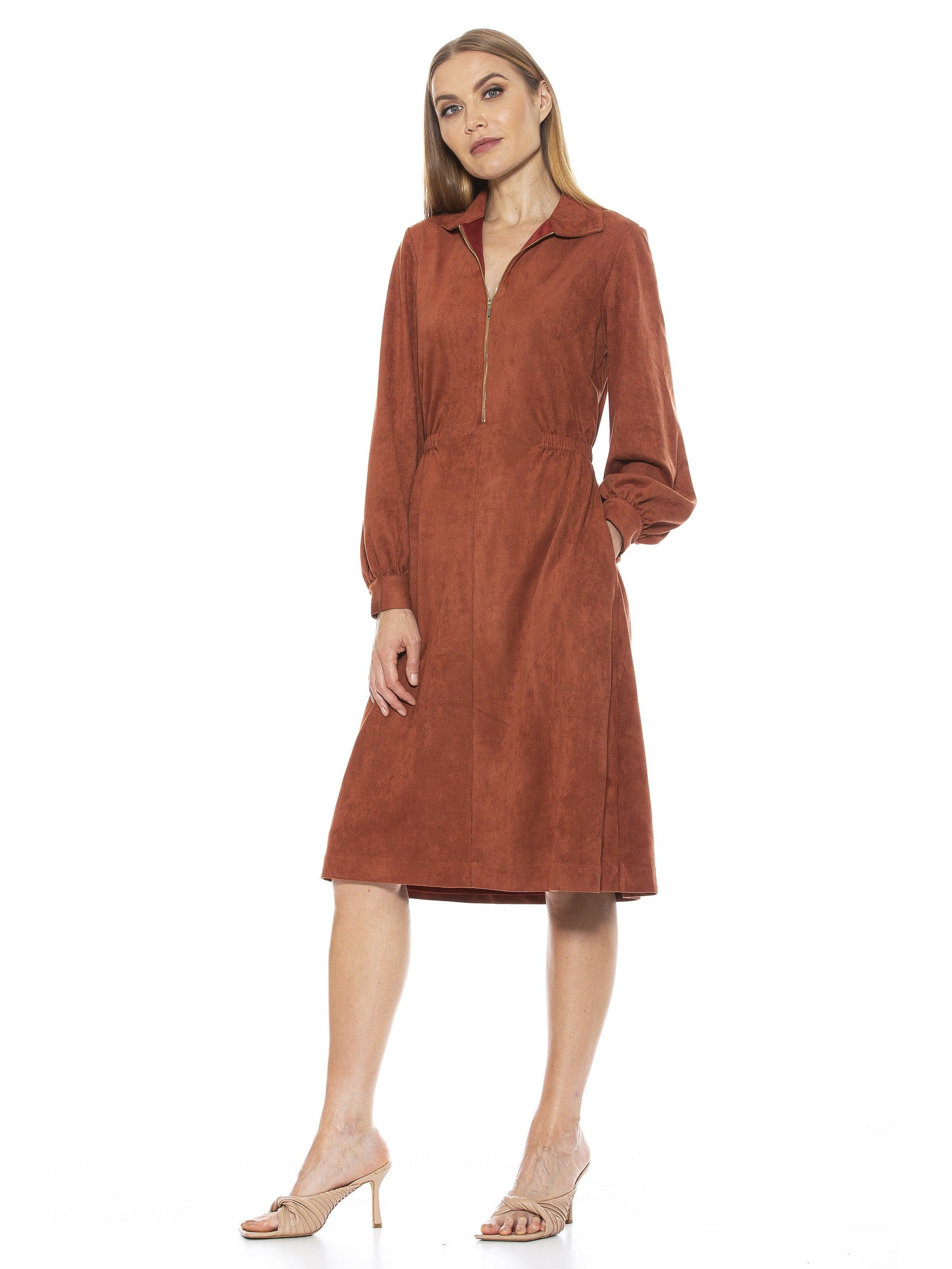 HAILEY COLLAR FIT AND FLARE SUEDE DRESS - ALEXIA ADMOR