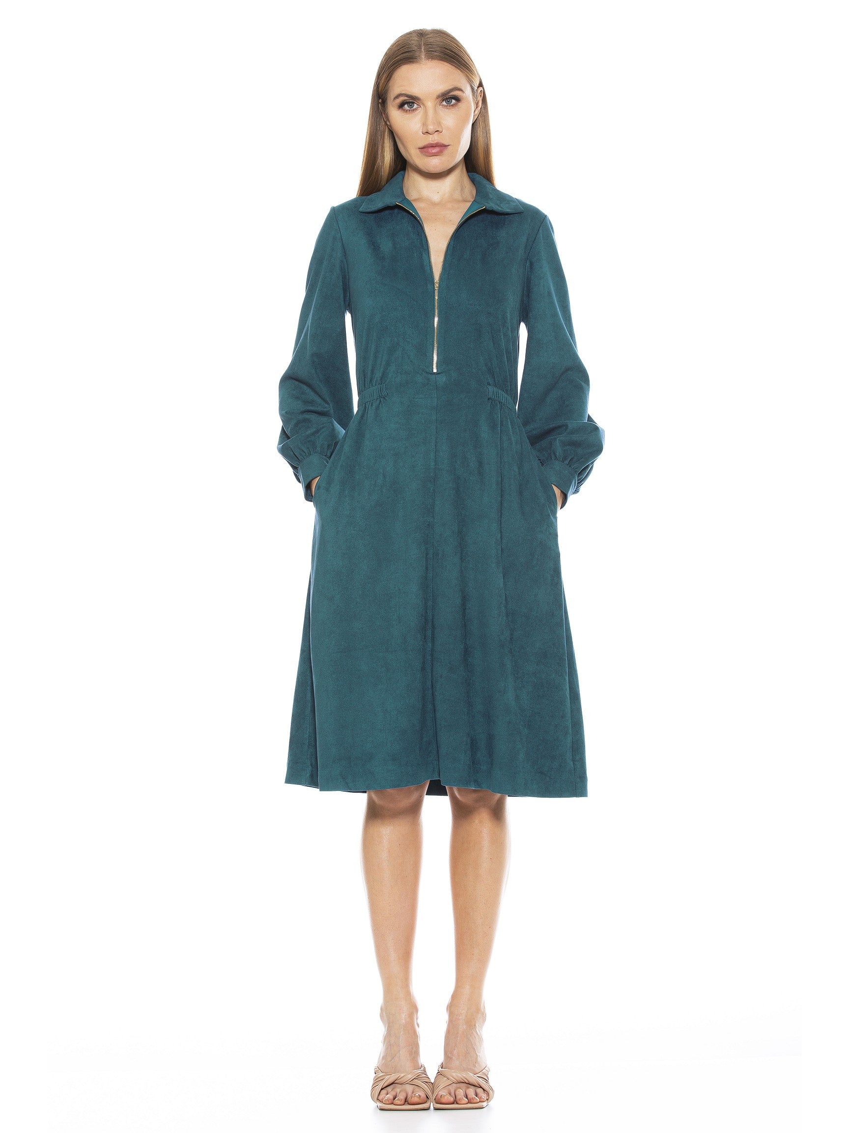 HAILEY COLLAR FIT AND FLARE SUEDE DRESS - ALEXIA ADMOR