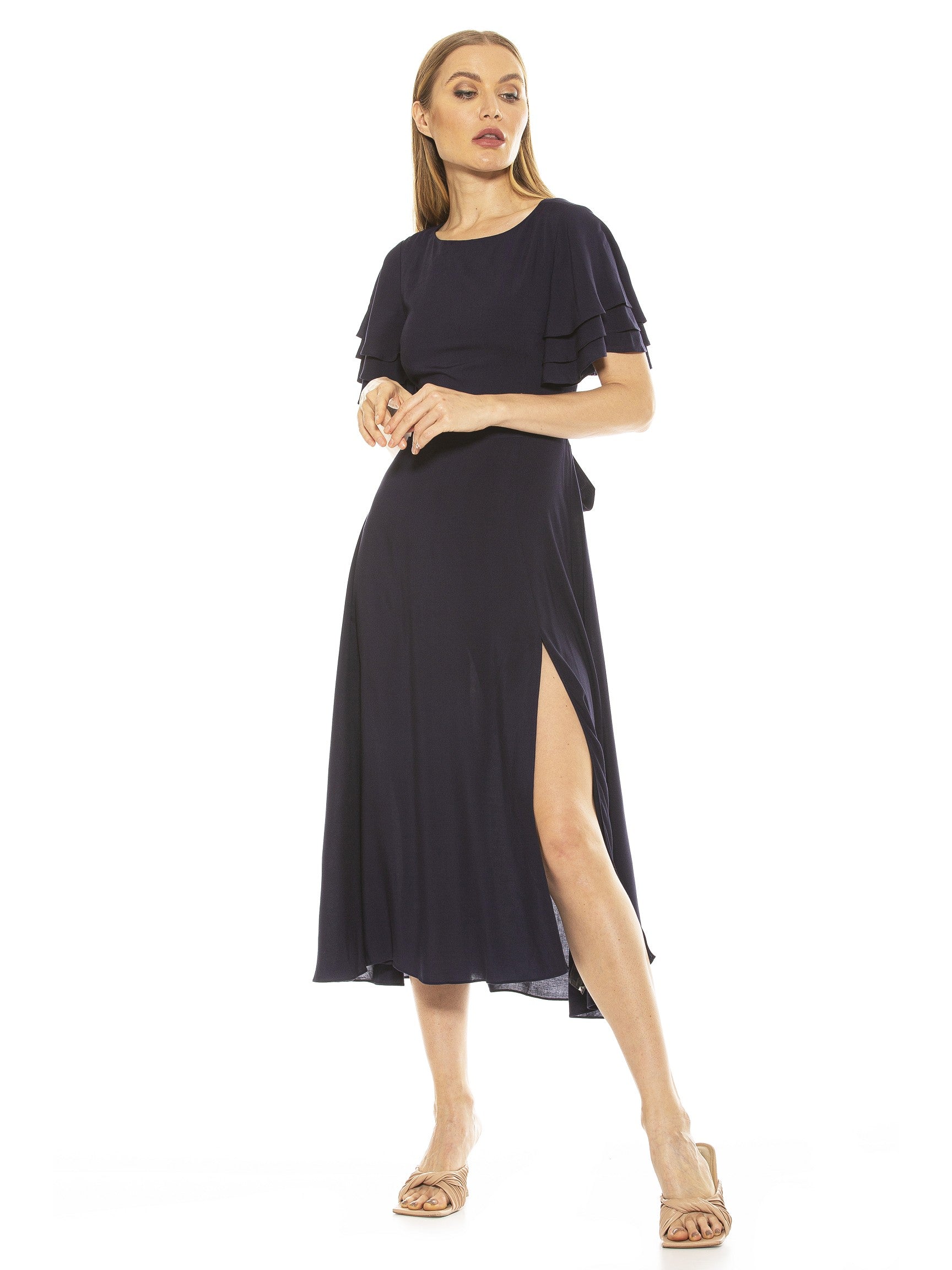 LILIA RUFFLE SLV MIDI DRESS WITH OPEN BACK W/ BOW - ALEXIA ADMOR