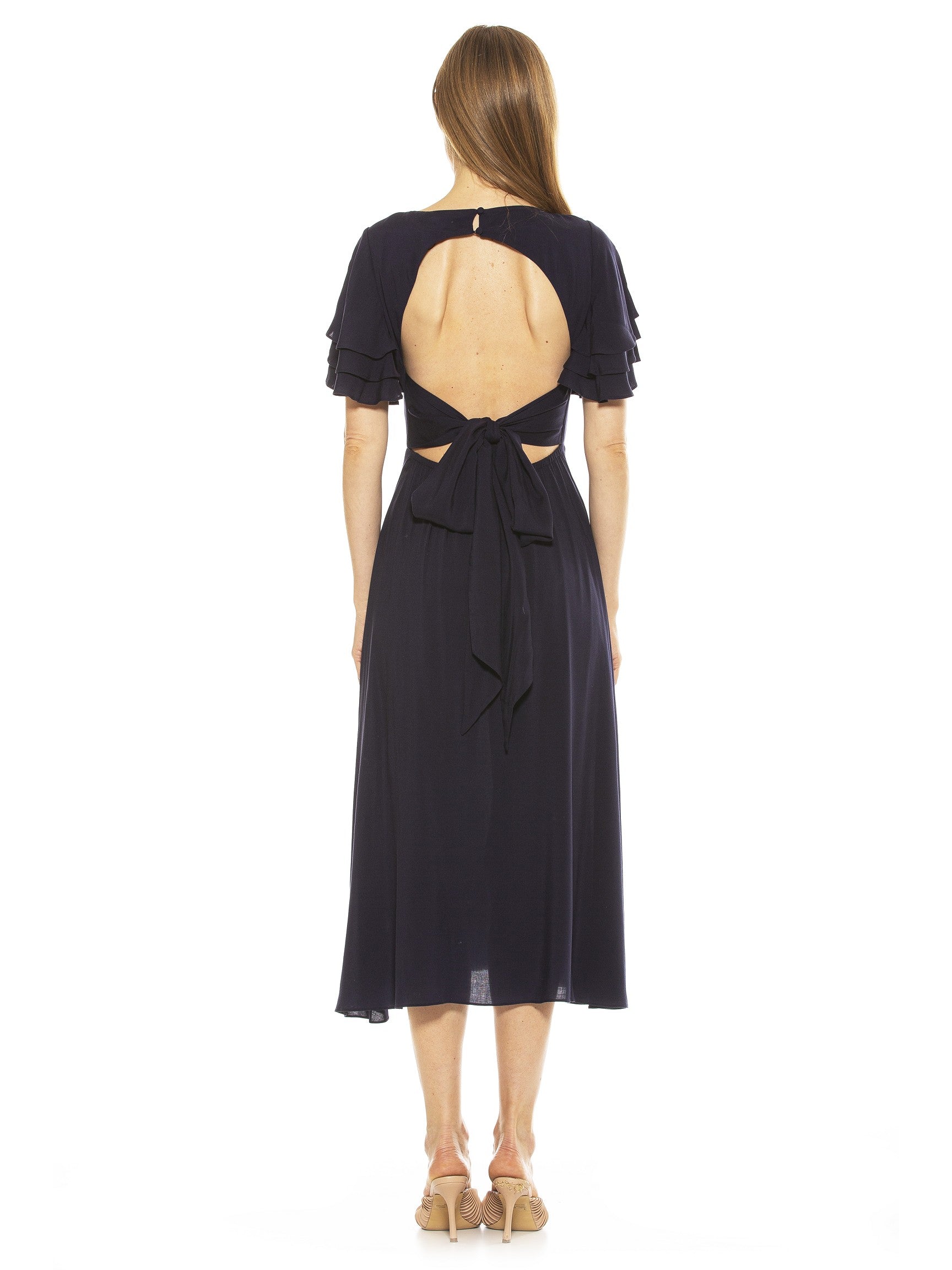 LILIA RUFFLE SLV MIDI DRESS WITH OPEN BACK W/ BOW - ALEXIA ADMOR