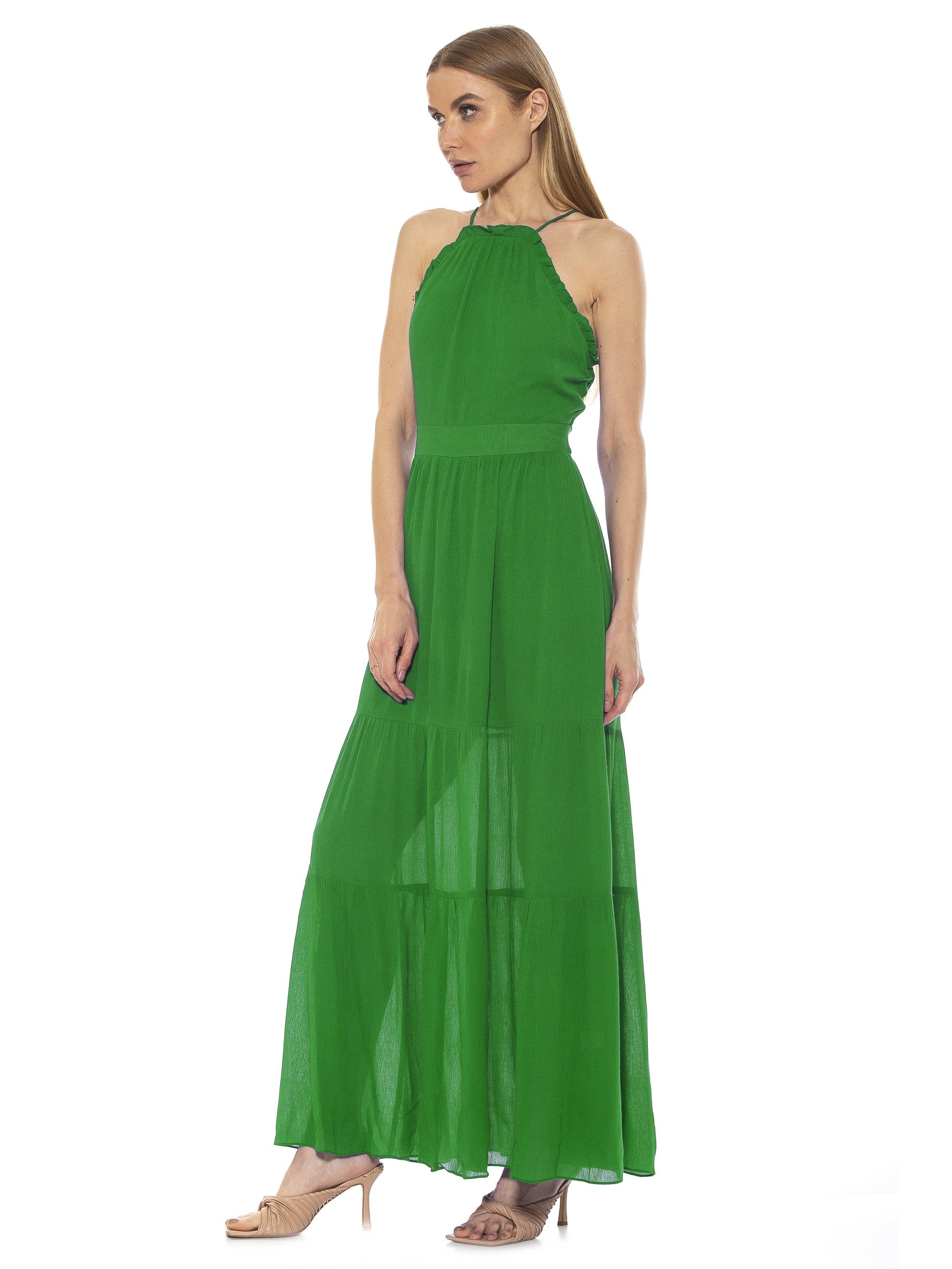 KIRA RUFFLE HALTER MAXI WITH LACE UP BACK - ALEXIA ADMOR