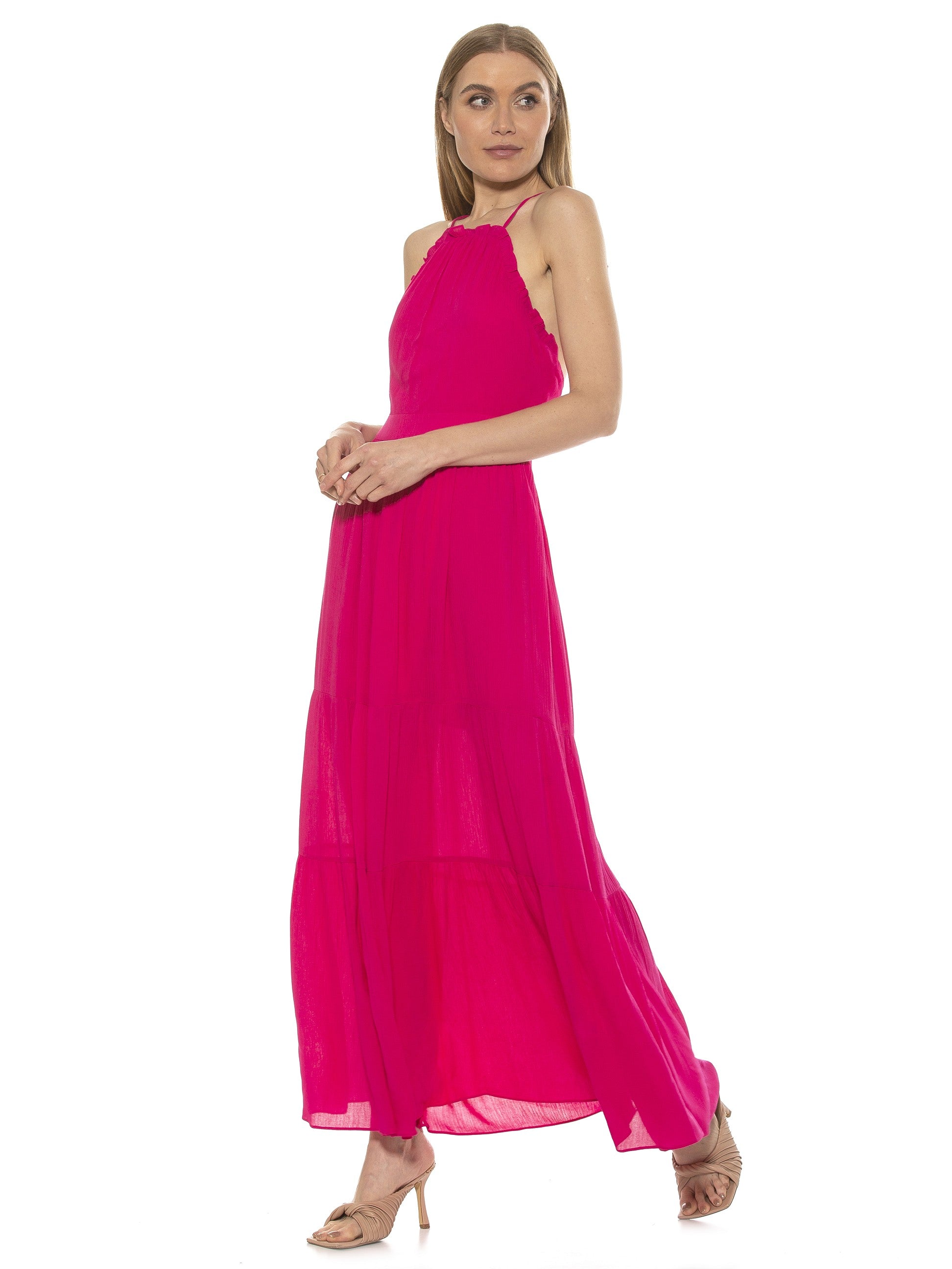KIRA RUFFLE HALTER MAXI WITH LACE UP BACK - ALEXIA ADMOR