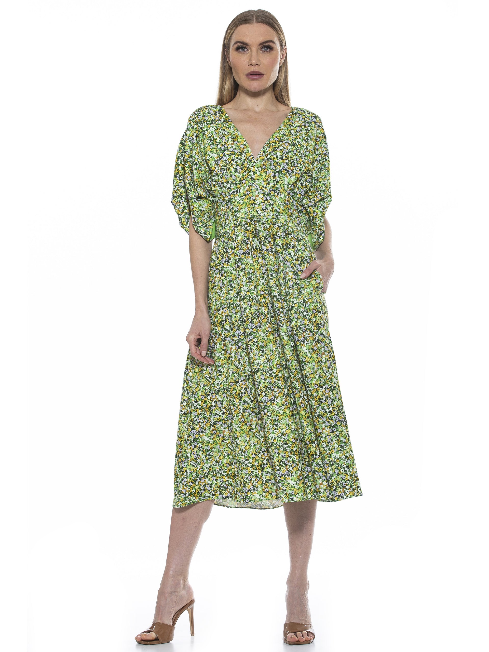 Alexia Admor Women's August Draped Midi Fit and Flare Dress, Green, 12