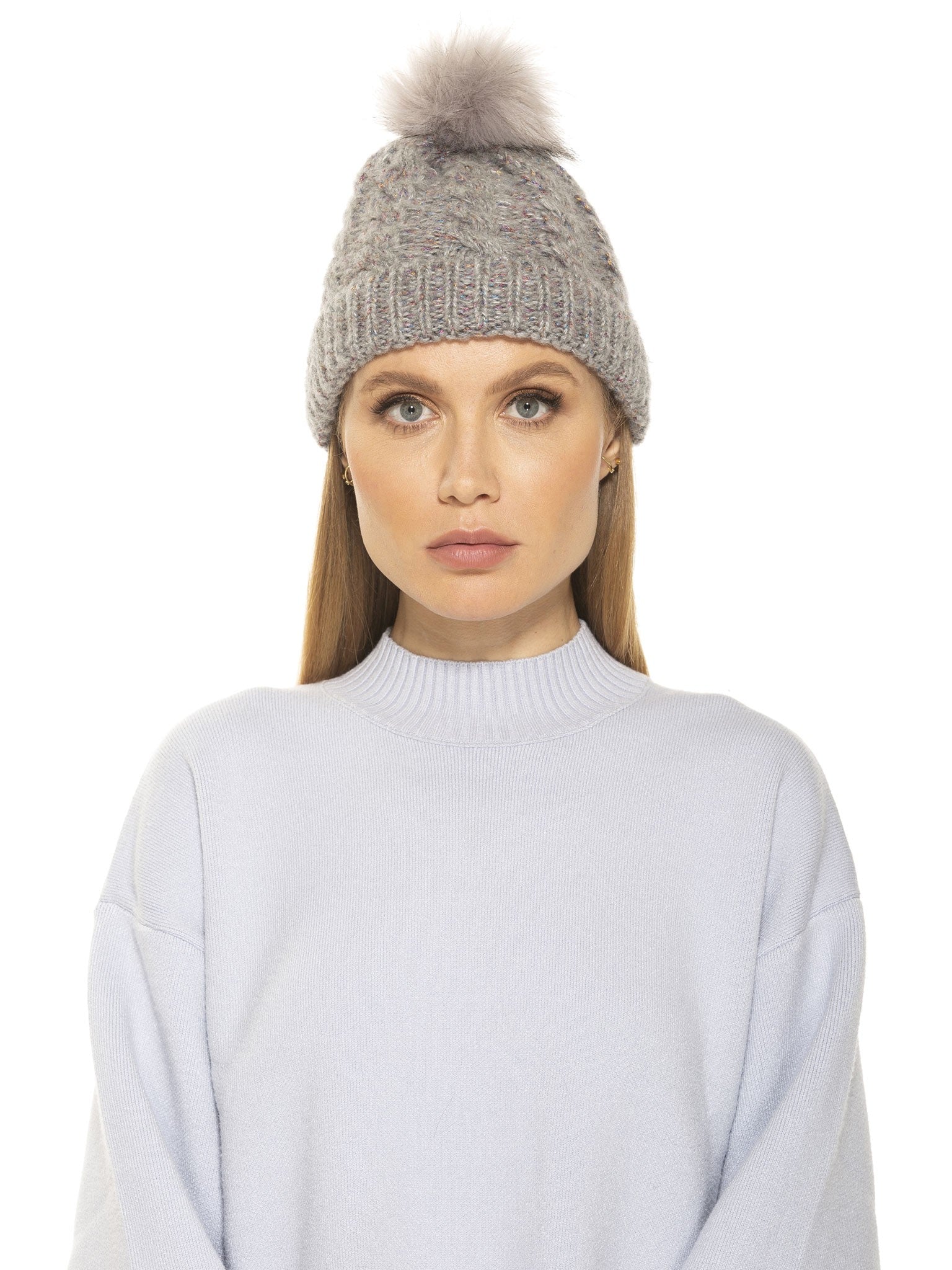 Angela Cable Knit Beanie With Pom - ALEXIA ADMOR