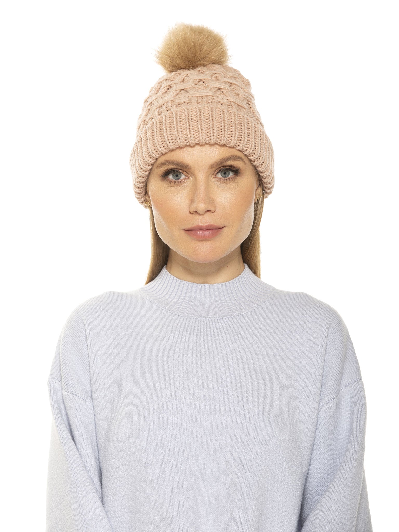Amanda Cable Knit Beanie With Faux Fur Pom Pom - ALEXIA ADMOR