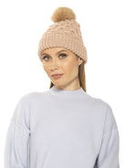 Amanda Cable Knit Beanie With Faux Fur Pom Pom - ALEXIA ADMOR
