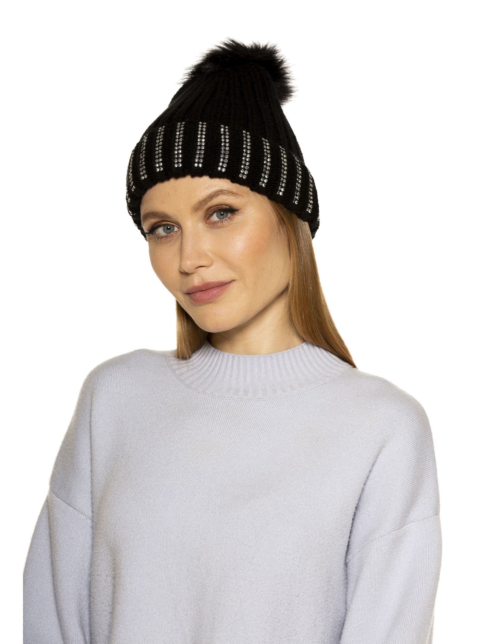 Darla Knitted Beanie With Rhinestones And Pom Pom - ALEXIA ADMOR